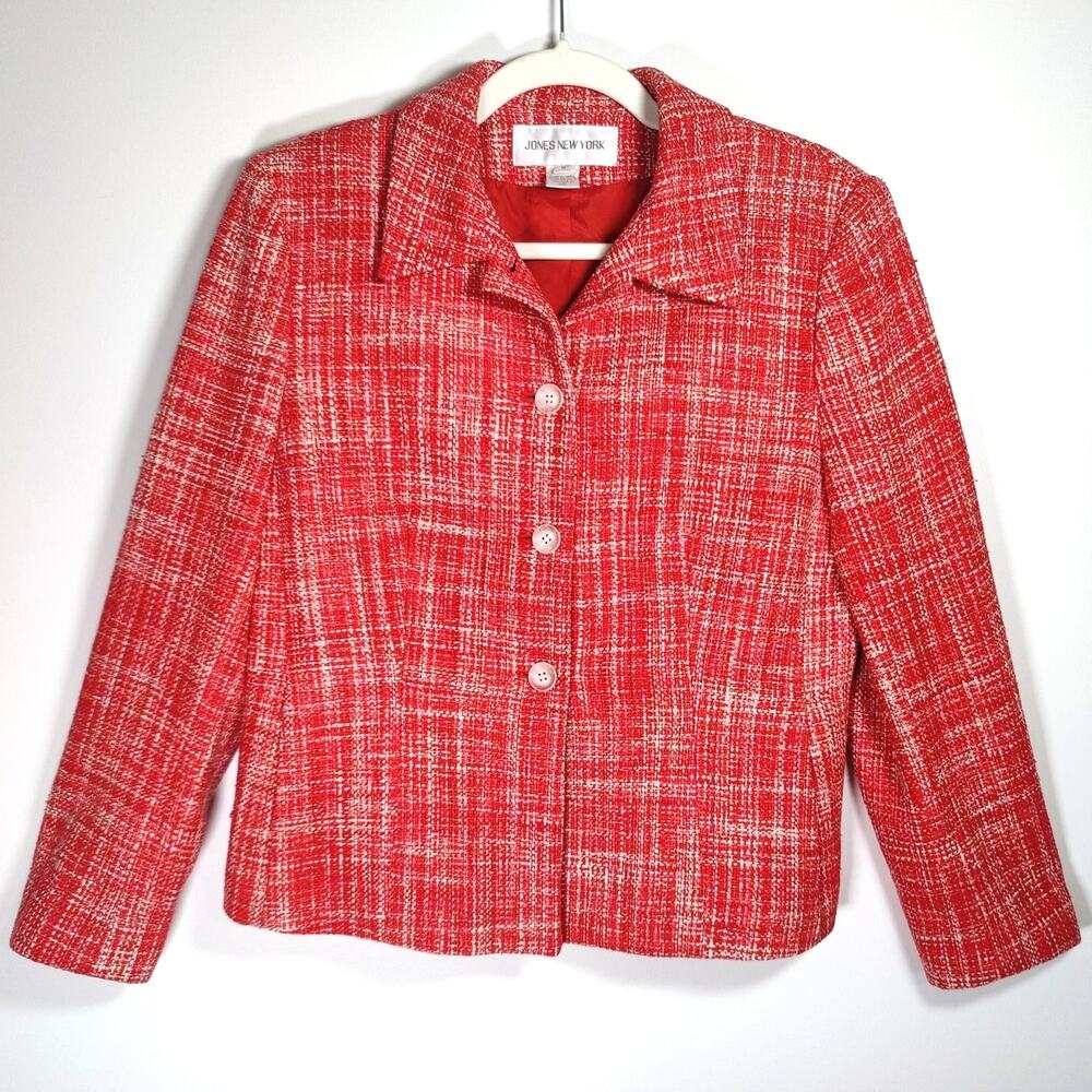 VTG 100% Silk Red Tweed Blazer 8 Jones New York Classic Preppy Chic Old Money